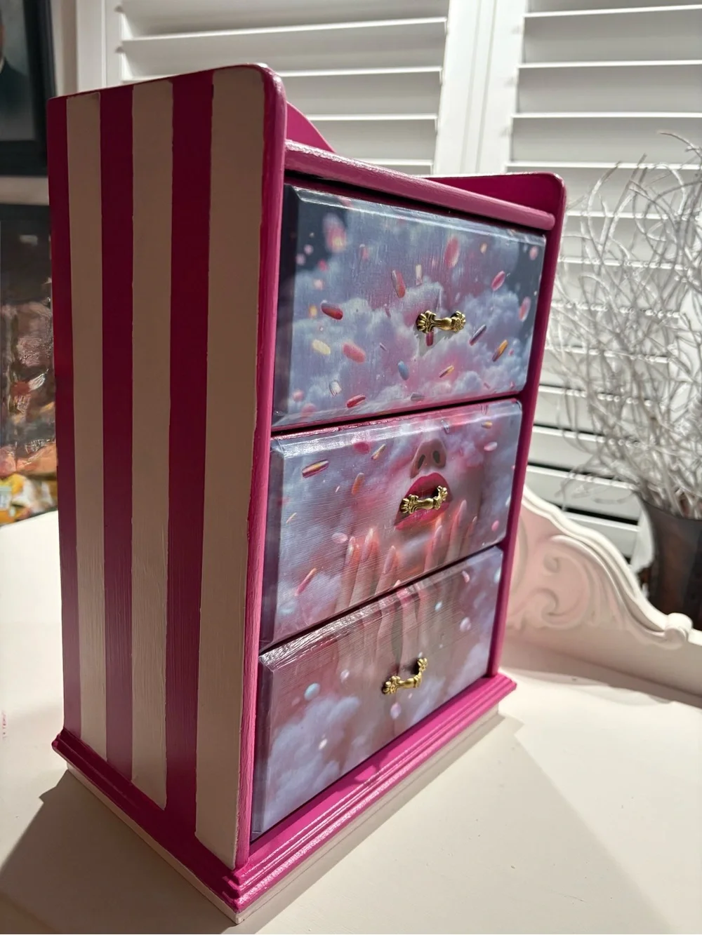 Hand-Painted Pink Whimsical Jewelry Box – 3 Drawer – One of a Kind